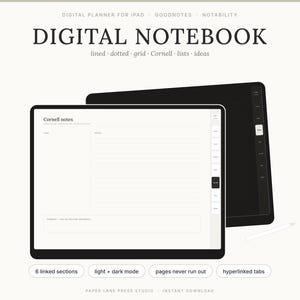May include: A digital notebook for iPad, GoodNotes, and Notability featuring Cornell notes, lined, dotted, and grid pages. The display shows a tablet with hyperlinked tabs, 6 linked sections, and light plus dark mode options for organised note-taking.