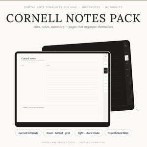 May include: A digital Cornell Notes pack for iPad, Goodnotes, and Notability. The display shows a white template with a cue column, note-taking area, and summary section, alongside a dark mode version with hyperlinked tabs for navigation.
