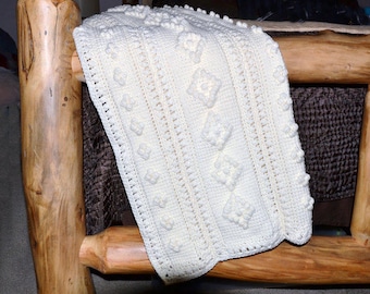 Tunisian Crocheted Baby Afghan, SALE PRICE, Baby Afghan, Baby Blanket, Crochet Afghan, Beige Afghan, White Afghan, White Blanket, Bedding,