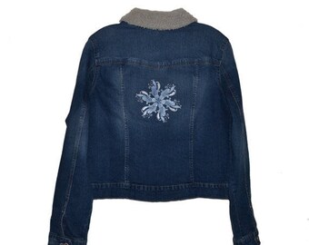 Snowflake Embroidered Denim Jacket, Blue Jacket, Snowflake Embroidery, Women's Coat, Sherpa Jacket, Winter Coat, Holiday Jacket, Denim Coat