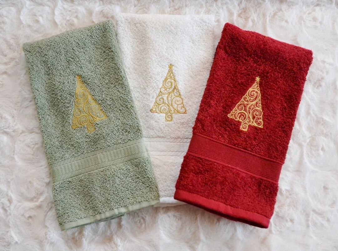 Christmas Tree Embroidered Hand Towels Christmas Towels Gold Etsy
