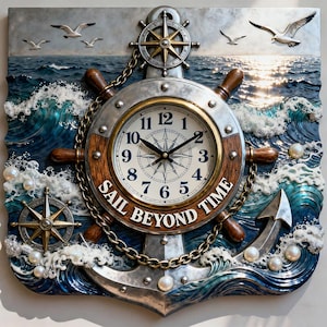 Op de afbeelding: Nautische wandklok met een scheepsradontwerp, kompasroos en anker. De klok heeft een wijzerplaat met de tijd, met de woorden "SAIL BEYOND TIME". De klok is omgeven door oceaangolven, zeemeeuwen en parels.
