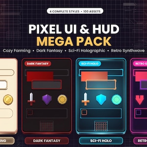 Pixel UI HUD Mega Pack, 4 stijlen, 100 RPG-elementen (Unity Unreal)