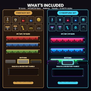 Op de afbeelding: Een digitaal assetpakket met twee pixel art UI-sets: een bruine Fantasy-set en een blauwe Cyberpunk-set. Elke set bevat 10 iconen, HP/MP/XP-balken, knoppen en dialoog-/inventarispaneeltjes. De tekst luidt WHAT'S INCLUDED, 10 Icons, HP/MP/XP Bars, Buttons, Panels - in BOTH styles, PNG + PSD + SPRITE SHEET.