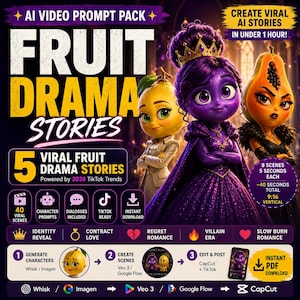 Paquete de sugerencias de vídeo con IA / 5 historias virales de drama frutal / Sugerencias para Veo 3 y Google Flow
