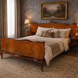 Può includere: Una camera da letto lussuosa con un grande letto in legno ornato con testiera e pediera abbinate. Il letto è fatto con biancheria da letto bianca e un copriletto marrone. Un dipinto di paesaggio incorniciato è appeso sopra il letto e due lampade forniscono una luce soffusa.