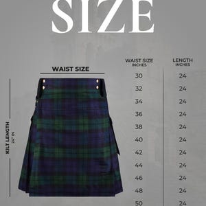 May include: A blue and green plaid kilt with gold-tone buttons at the waistband. The image includes a size chart titled Find Your Perfect SIZE, listing waist sizes from 30 to 52 inches and a consistent kilt length of 24 inches for all sizes.