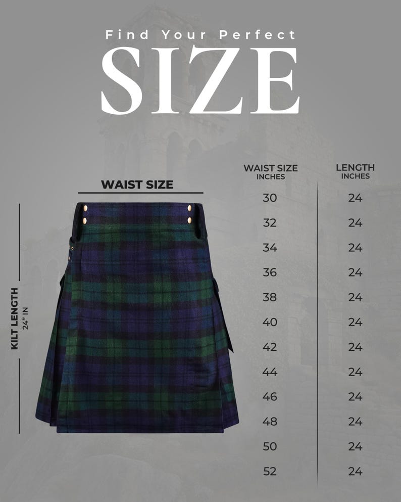 May include: A blue and green plaid kilt with gold-tone buttons at the waistband. The image includes a size chart titled Find Your Perfect SIZE, listing waist sizes from 30 to 52 inches and a consistent kilt length of 24 inches for all sizes.