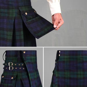 May include: A pleated kilt featuring a dark green and navy blue plaid pattern. The garment includes side cargo pockets with gold-toned snap buttons and adjustable waist straps with metal buckles. The fabric has a textured, woven appearance.