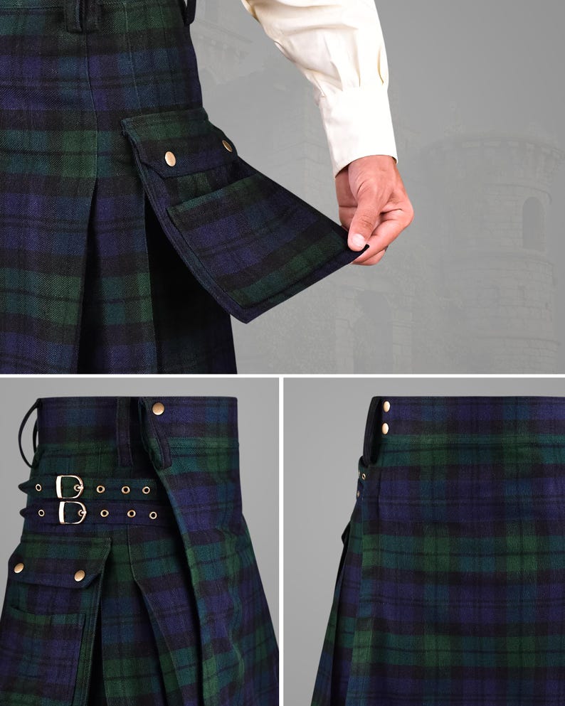 May include: A pleated kilt featuring a dark green and navy blue plaid pattern. The garment includes side cargo pockets with gold-toned snap buttons and adjustable waist straps with metal buckles. The fabric has a textured, woven appearance.
