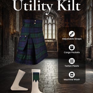 May include: A blue and green tartan acrylic utility kilt featuring cargo pockets and adjustable straps, paired with two off-white ribbed socks, one featuring a tartan cuff. Text includes Tartan Acrylic Utility Kilt, Adjustable Straps, Cargo Pockets, Tartan Pleats, and Machine Wash.