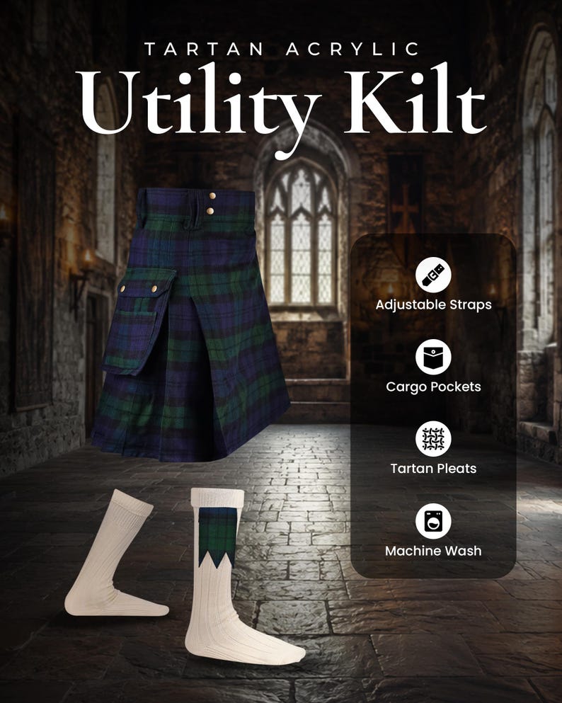 May include: A blue and green tartan acrylic utility kilt featuring cargo pockets and adjustable straps, paired with two off-white ribbed socks, one featuring a tartan cuff. Text includes Tartan Acrylic Utility Kilt, Adjustable Straps, Cargo Pockets, Tartan Pleats, and Machine Wash.