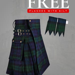 May include: A pleated kilt in a blue and green tartan pattern featuring two adjustable side straps with metal buckles, a front cargo pocket with a snap button, and a pair of matching tartan flashes with pointed ends and white elastic bands.