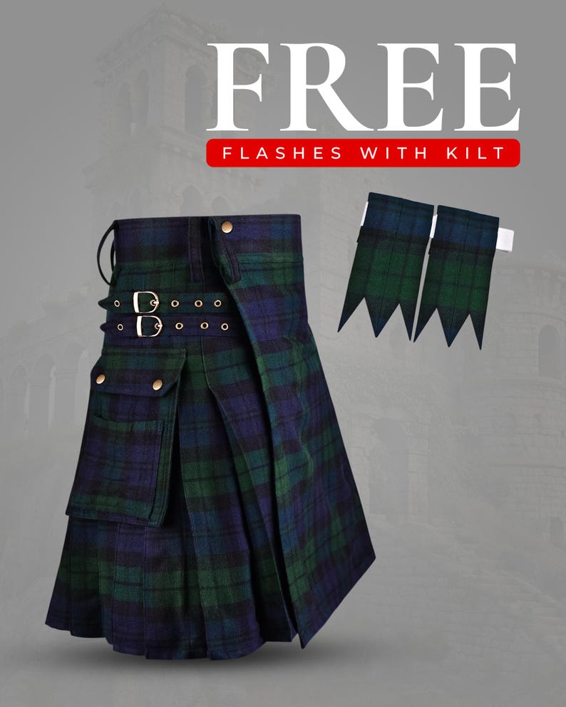 May include: A pleated kilt in a blue and green tartan pattern featuring two adjustable side straps with metal buckles, a front cargo pocket with a snap button, and a pair of matching tartan flashes with pointed ends and white elastic bands.