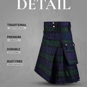 May include: A Scottish kilt featuring a blue and green tartan pattern with a side cargo pocket and gold-toned metal buckles. Text on the image reads: Crafted With Fine DETAIL, TRADITIONAL SCOTTISH KILT, PREMIUM QUALITY, DURABLE STITCHING, RUST FREE STEEL BUCKLES.