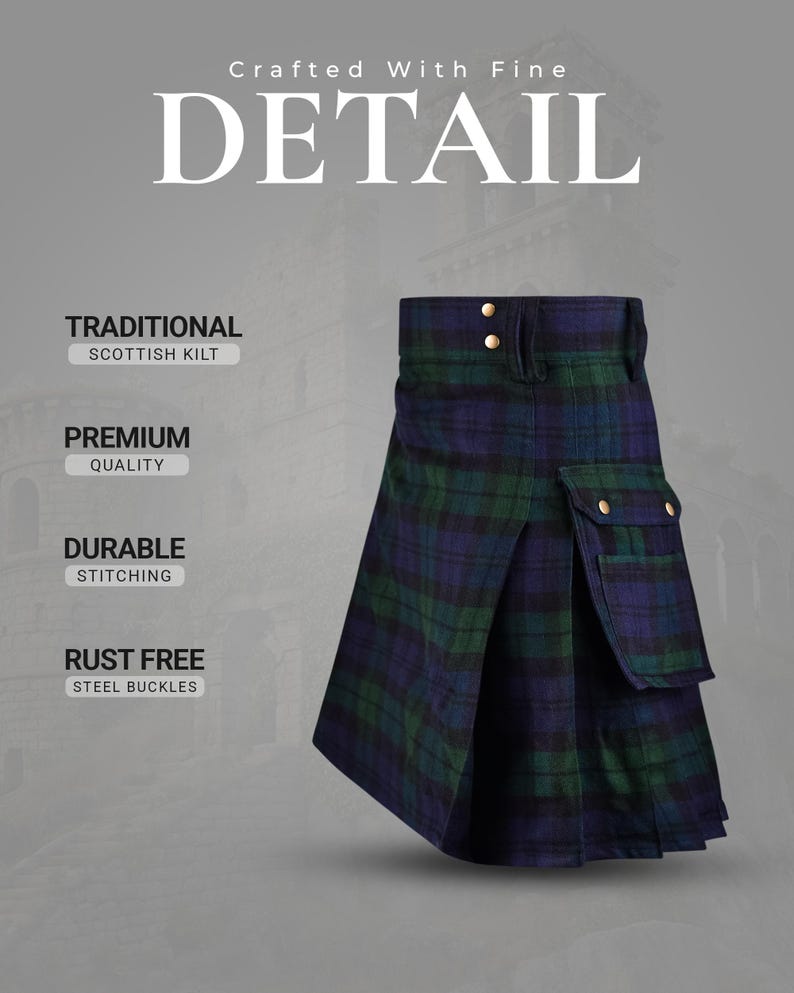 May include: A Scottish kilt featuring a blue and green tartan pattern with a side cargo pocket and gold-toned metal buckles. Text on the image reads: Crafted With Fine DETAIL, TRADITIONAL SCOTTISH KILT, PREMIUM QUALITY, DURABLE STITCHING, RUST FREE STEEL BUCKLES.