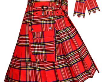Royal Stewart Tartan Utility Kilt for Men, 16oz Acrylic Wool Blend Scottish Kilt, Traditional Highland Kilt with Leather Straps