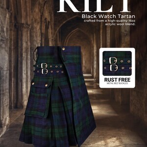 Black Watch Tartan Utility Kilt for Men, 16oz Acrylic Wool Blend Scottish Kilt, Traditional Highland Kilt with Leather Straps image 7