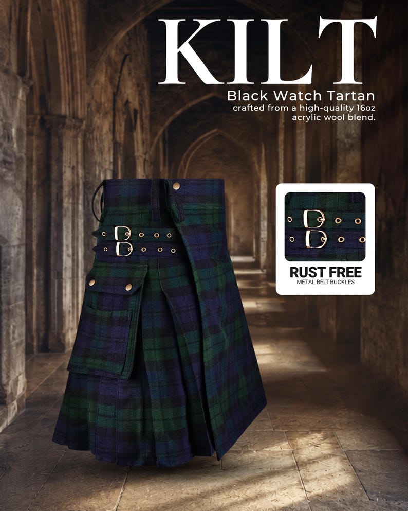 Black Watch Tartan Utility Kilt for Men, 16oz Acrylic Wool Blend Scottish Kilt, Traditional Highland Kilt with Leather Straps image 7