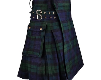 Black Watch Tartan Utility Kilt for Men, 16oz Acrylic Wool Blend Scottish Kilt, Traditional Highland Kilt with Leather Straps