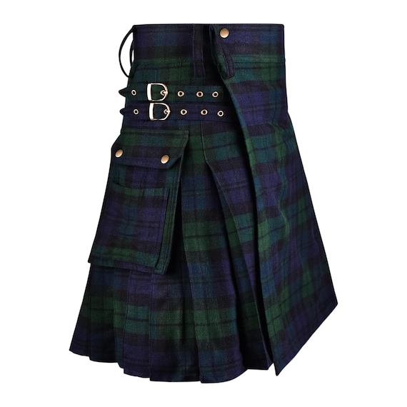 Black Watch Tartan Utility Kilt for Men, 16oz Acrylic Wool Blend Scottish Kilt, Traditional Highland Kilt with Leather Straps