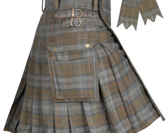 Black Watch Weathered Tartan Utility Kilt for Men, 16oz Acrylic Wool Blend Scottish Kilt, Traditional Highland Kilt with Leather Straps