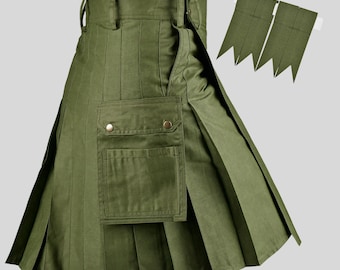 Oliv Grüner Kilt für Männer, Kilt mit Taschen, Moderner Schottischer Kilt, Festival Kilt, Kilt Kilt