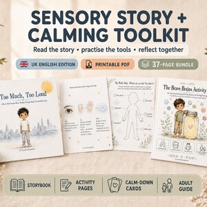 May include: A 37-page printable PDF sensory story and calming toolkit bundle. Includes a storybook titled Too Much, Too Loud, activity pages featuring a body map, and The Brave Brains Activity Kit. The materials provide interactive sensory guides, journals, calm-down cards, and an adult guide for children to practice tools and reflect together.