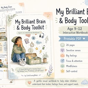 Może przedstawiać: Interaktywny zeszyt ćwiczeń My Brilliant Brain & Body Toolkit dla dzieci w wieku 9-12 lat. Okładka przedstawia dziecko w czapce i bluzie siedzące przy drewnianej skrzynce z narzędziami, otoczone ilustracjami mózgu, słuchawek i kompasu. 26 stron.