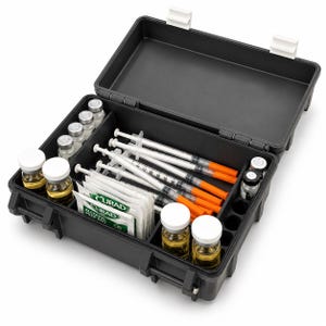 May include: A black rectangular storage case with a hinged lid containing medical supplies. Inside are several glass vials with white caps filled with amber liquid, multiple clear plastic syringes with orange caps, and a stack of Curad alcohol prep pads.