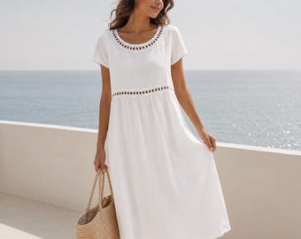 Robe trapèze en coton et lin pour femme, Robe midi ample, Robe décontractée à bordures en dentelle, Tenue d'été à manches 3/4 pour tous les jours