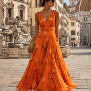 Maxi-jurk dames met tulpprint, elegante mouwloze zomerjurk met v-hals, bloemen bruiloft gastjurk, boho-avondjurk