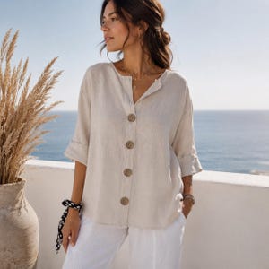 Damen Leinen Tunika Top, übergroße Bluse mit V-Ausschnitt, lockere Passform Sommer Shirt, Boho Baumwolle Leinen Top, lässige Alltagskleidung