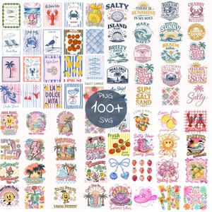 Könnte beinhalten: Eine digitale Sammlung von über 100 sommerlichen Grafikdesigns mit Illustrationen von Strandszenen, tropischen Früchten, Meerestieren und Küstenmotiven mit verschiedenen Schriftzügen, dargestellt als Raster aus einzelnen bunten Symbolen.