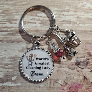 Personalized World's Greatest Cleaning Lady Maid House Keeper keychain with charms