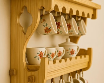 Estante de madera para tazas de té, estante de pared para exhibir tazas, organizador rústico de tazas de cocina.