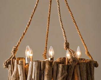 Rustieke drijfhoutkroonluchter, ronde houten hanglamp, touwhangplafondlamp, kroonluchter boerderijcabine