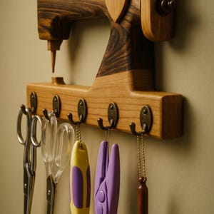 Op de afbeelding: Een houten wandorganizer in de vorm van een naaimachine met een hartvormige uitsparing. Het heeft haken om naaigerei zoals scharen en rolmessen op te hangen. Het hout heeft een natuurlijke nerf en een donker, contrasterend gedeelte.