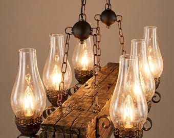 Kronljuskrona i lantlig trästil, rustik taklampa i glas, vintage-taklampa, hänglampa i stuga