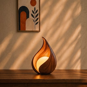 May include: A teardrop-shaped wooden table lamp with a smooth, dark brown grain finish. The lamp features a hollow center containing a glowing, spherical white light bulb. The lamp sits on a wooden surface below a framed wall art print.