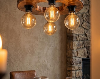 Lampadario con fetta di legno dal bordo naturale, lampada a sospensione rustica in stile fattoria, lampada da soffitto con lampadina Edison