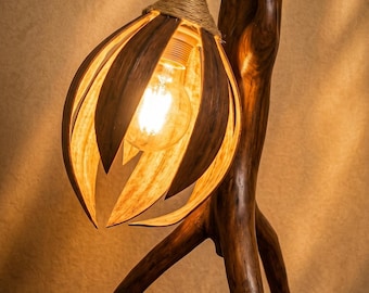 Wooden Hand Table Lamp, Sculptural Carved Base, Flower Shade, Boho Rustic Decor