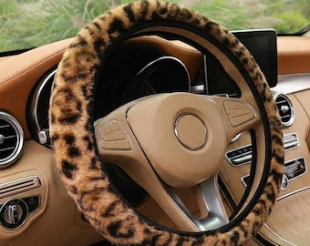 Leopard Plush Steering Wheel Cover, Soft Winter Car Interior Accessory