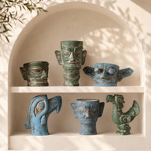 May include: A collection of six ceramic sculptures with a weathered, aged appearance. The sculptures are in shades of blue and green, featuring stylized faces and figures. They are displayed on a white shelf within an arched alcove.