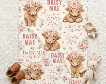 Personalized Baby Highland Cow Blanket, Custom Name Baby Blanket, Floral Cow Nursery Blanket, Farmhouse Baby Girl Blanket, Baby Shower Gift