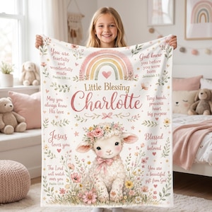 Personalized Christian Baby Girl Blanket, Lamb Baptism Gift for Goddaughter from Godparents, Faith Nursery Newborn Name Gift