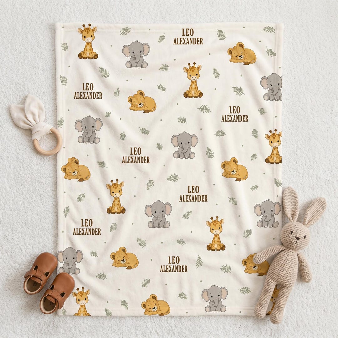 Personalized Safari Baby Blanket, Custom Jungle Animal Nursery Decor ...