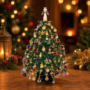 May include: A miniature Christmas tree crafted from green beads, adorned with various colorful hanging bead ornaments and pearls. The tree is topped with a white pearl angel figure featuring silver wings and sits on a black circular base.