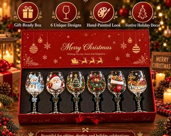Festive Christmas Wine Glass Set, Santa, Snowman, Tree Designs (Gift Box)