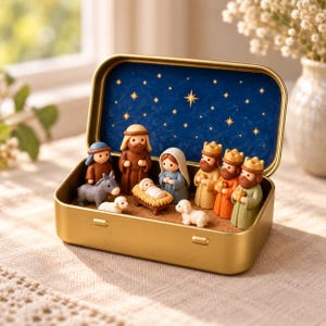 May include: A gold-coloured metal tin containing a miniature nativity scene with small figurines of people and animals. The interior lid features a dark blue background with gold stars. The figures include a baby in a manger, adults, and animals.